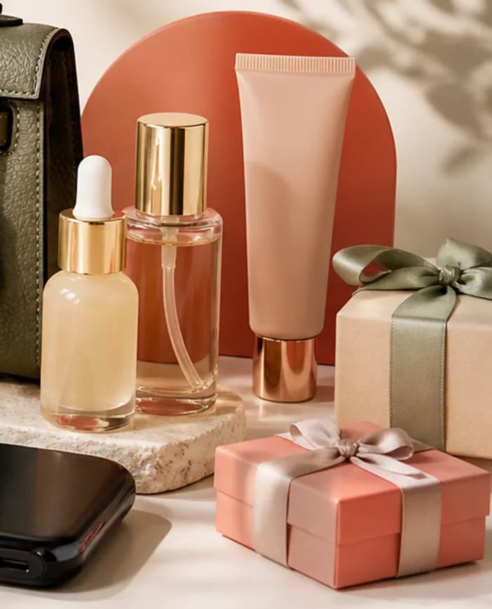 Cajas de regalo con moños junto a fragancias
